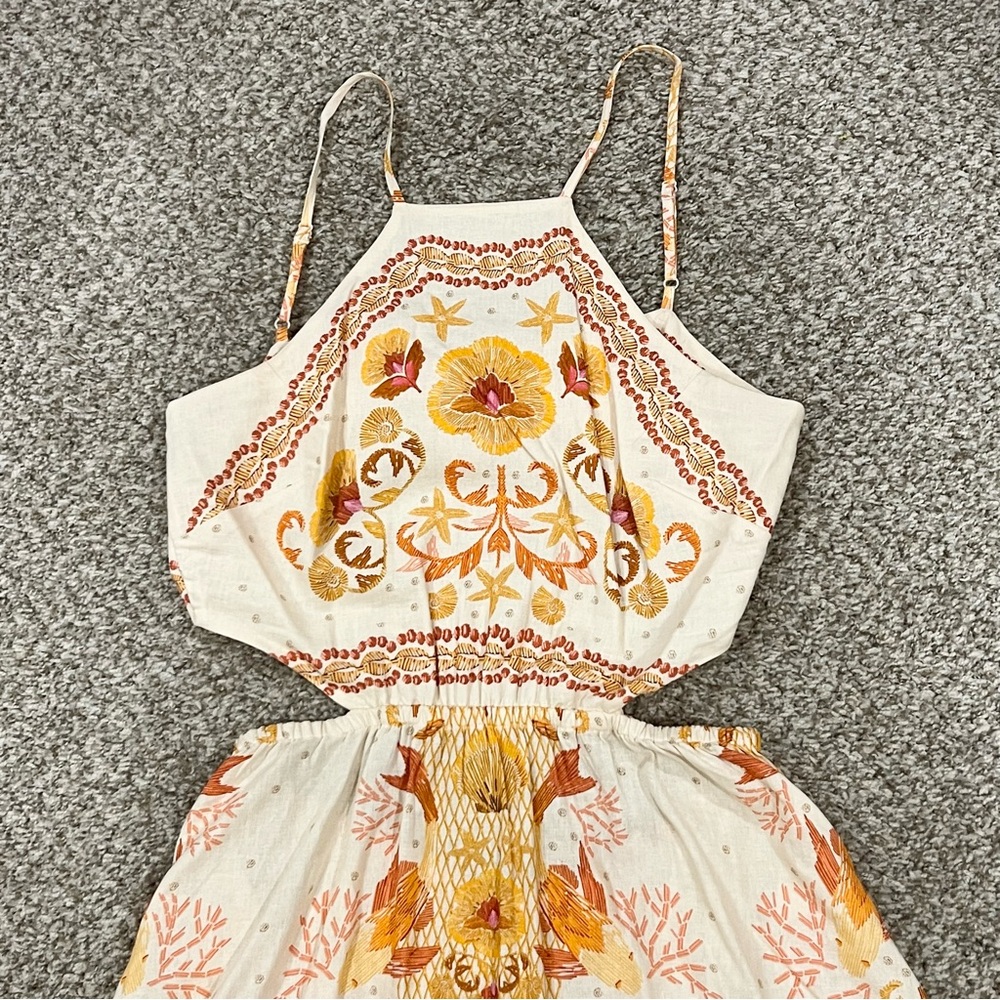 Anthropologie farm rio orange and cream strapless beachy halter top maxi dress